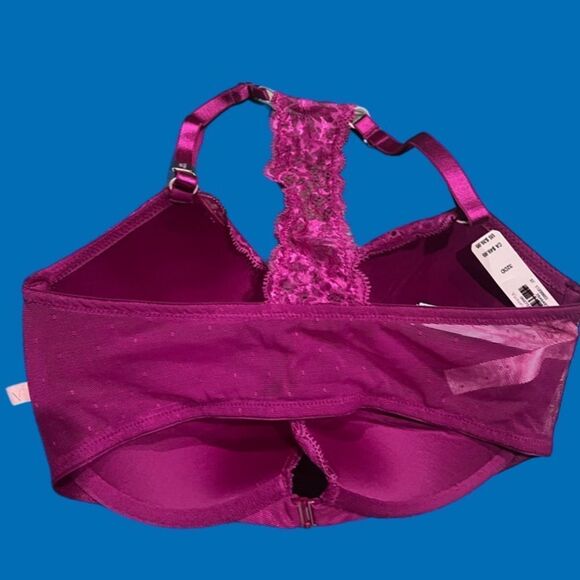 Victoria’s Secret Push Up Padded Racerback front closure lace bra magenta 32DD - Picture 2 of 3